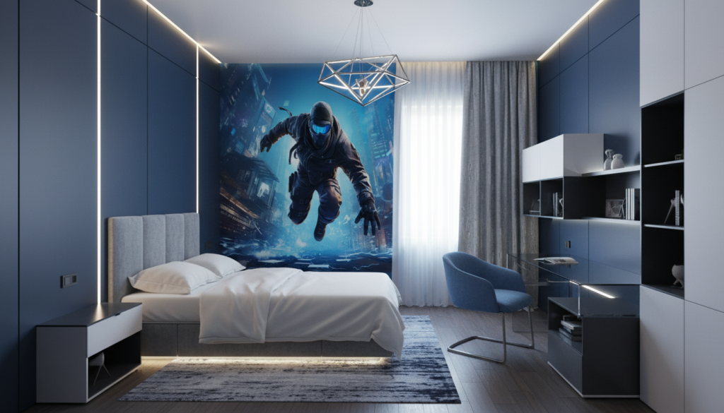 Papier Peint Futuriste Cyberpunk Ville Néon Bleu Urbain - Chambre enfant