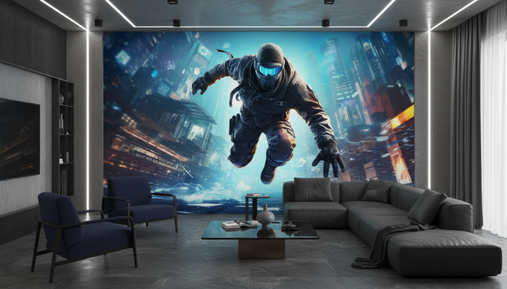 Papier Peint Futuriste Cyberpunk Ville Néon Bleu Urbain - Salon / Séjour