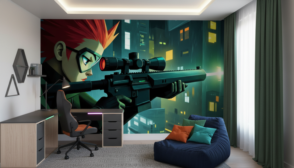 Papier Peint Futuriste Sniper Cyberpunk Ville Nocturne Gaming - Chambre enfant