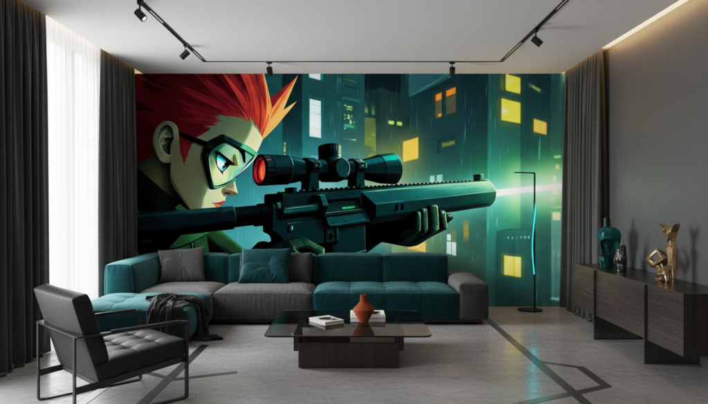 Papier Peint Futuriste Sniper Cyberpunk Ville Nocturne Gaming - Salon / Séjour