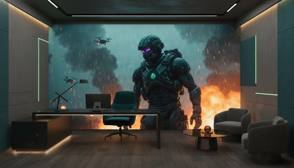 Papier Peint Futuriste Soldat Cyberpunk Pluie Nocturne Atmosphérique - Bureau