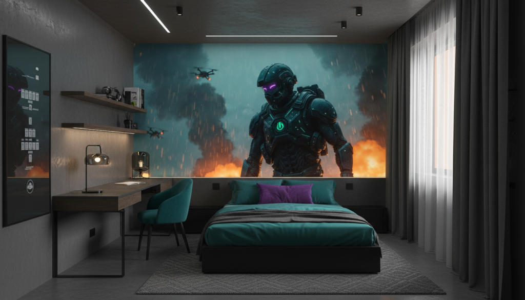 Papier Peint Futuriste Soldat Cyberpunk Pluie Nocturne Atmosphérique - Chambre ado