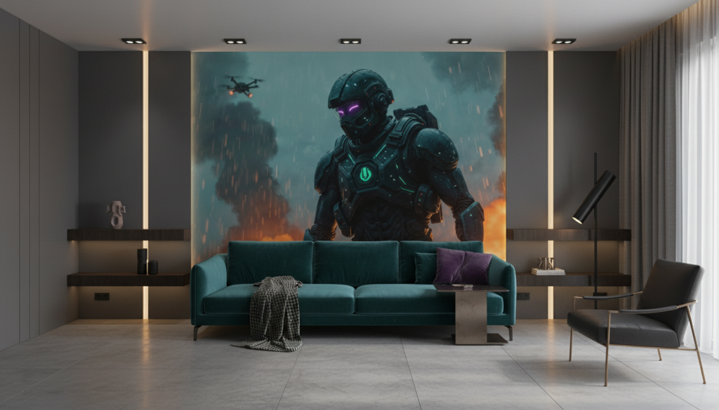 Papier Peint Futuriste Soldat Cyberpunk Pluie Nocturne Atmosphérique - Salon / Séjour