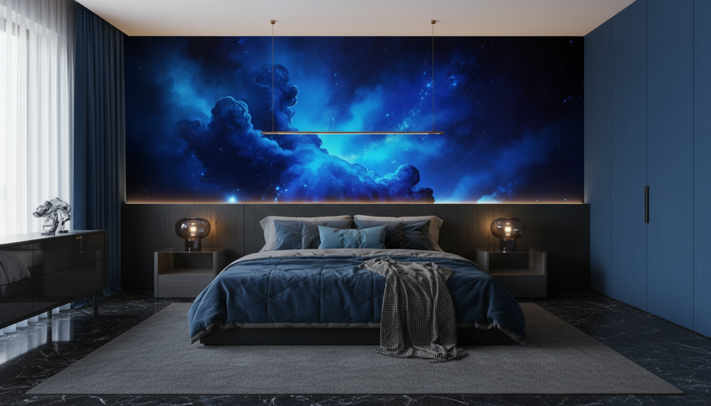 Papier Peint Galaxie Bleu Nébuleuse Cosmique Étoilé Nocturne - Chambre adulte