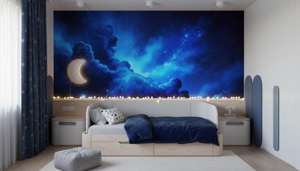Papier Peint Galaxie Bleu Nébuleuse Cosmique Étoilé Nocturne - Chambre enfant