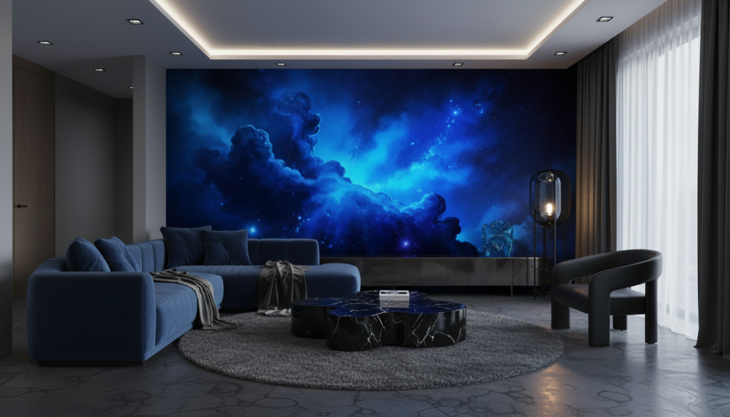 Papier Peint Galaxie Bleu Nébuleuse Cosmique Étoilé Nocturne - Salon / Séjour