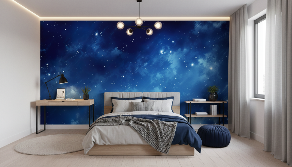 Papier Peint Galaxie Étoilée Nébuleuse Bleue Cosmos Infini - Chambre ado