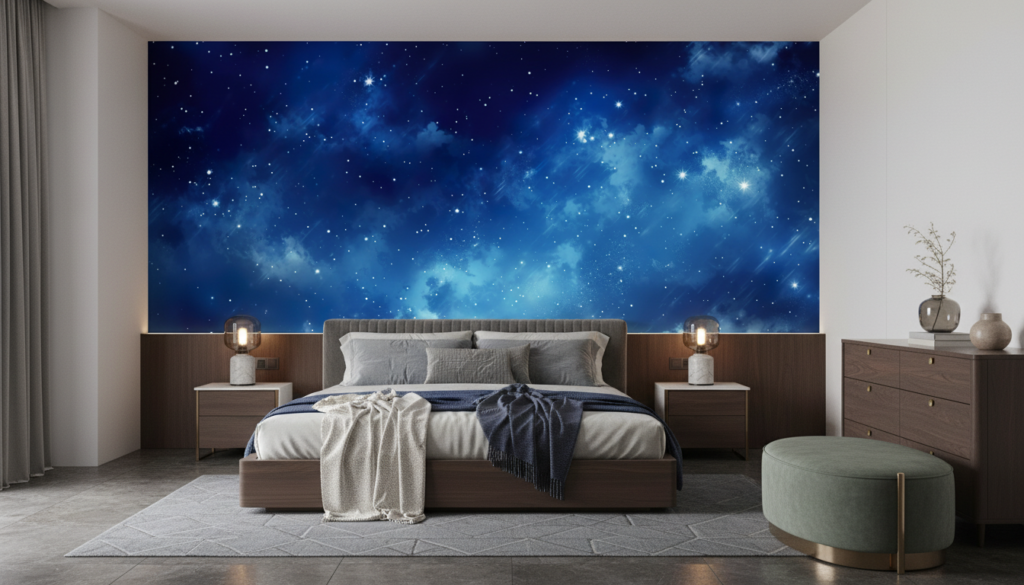 Papier Peint Galaxie Étoilée Nébuleuse Bleue Cosmos Infini - Chambre adulte
