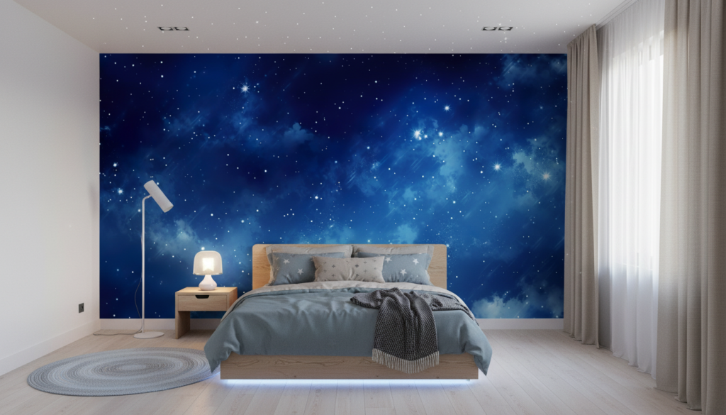 Papier Peint Galaxie Étoilée Nébuleuse Bleue Cosmos Infini - Chambre enfant