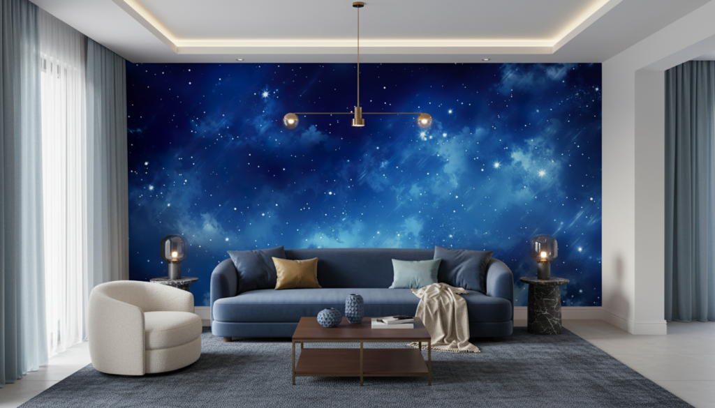 Papier Peint Galaxie Étoilée Nébuleuse Bleue Cosmos Infini - Salon / Séjour
