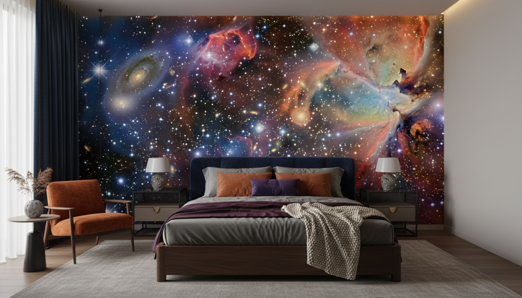 Papier Peint Galaxie Cosmique aux Nébuleuses Multicolores et Étoiles Scintillantes - Chambre adulte
