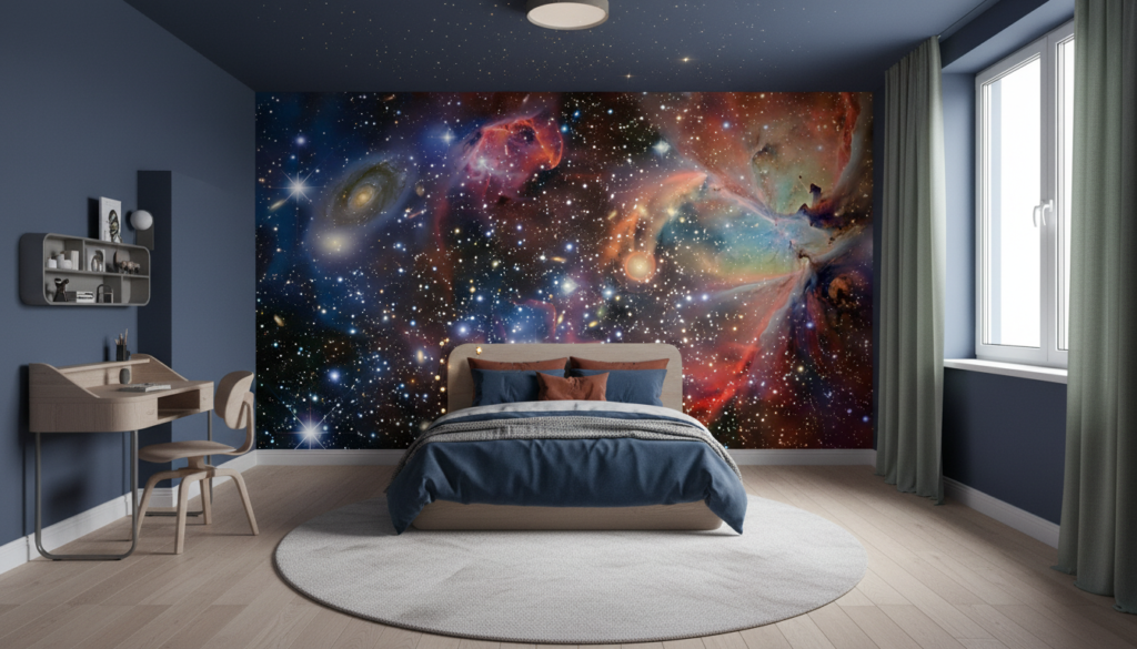 Papier Peint Galaxie Cosmique aux Nébuleuses Multicolores et Étoiles Scintillantes - Chambre enfant