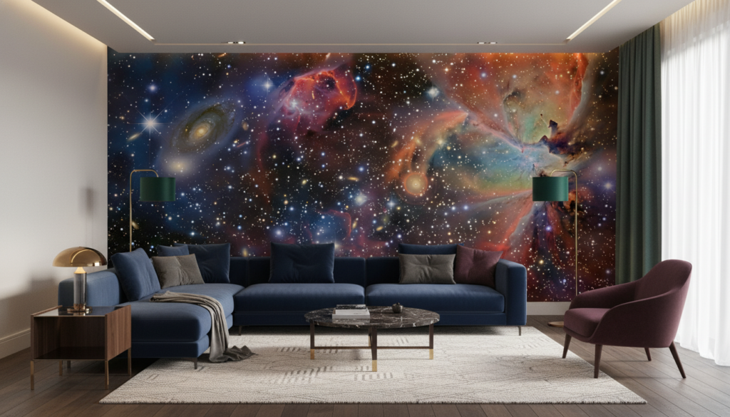 Papier Peint Galaxie Cosmique aux Nébuleuses Multicolores et Étoiles Scintillantes - Salon / Séjour