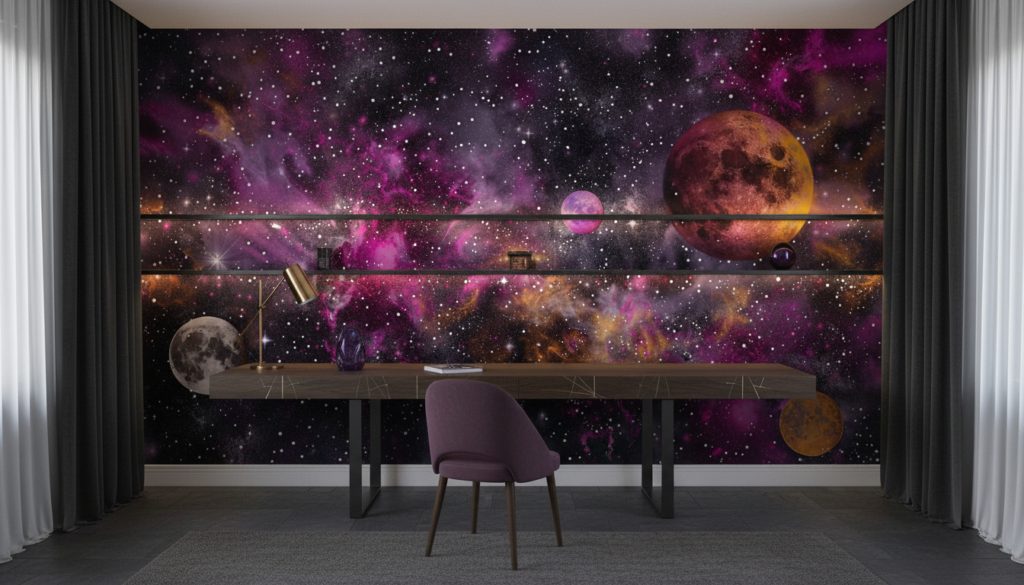 Papier peint galaxie cosmique avec planètes et nébuleuses violettes - Bureau