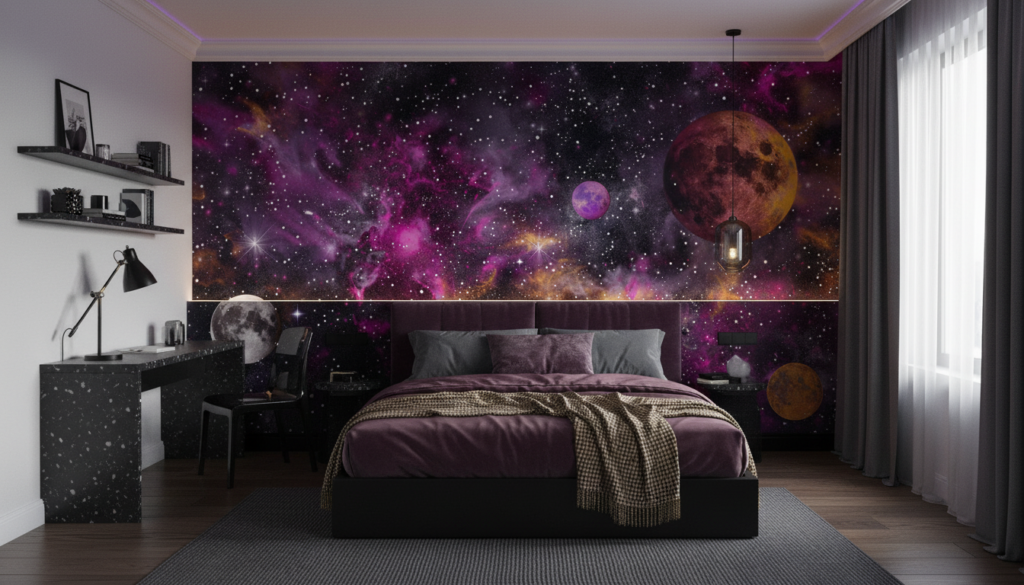 Papier peint galaxie cosmique avec planètes et nébuleuses violettes - Chambre ado