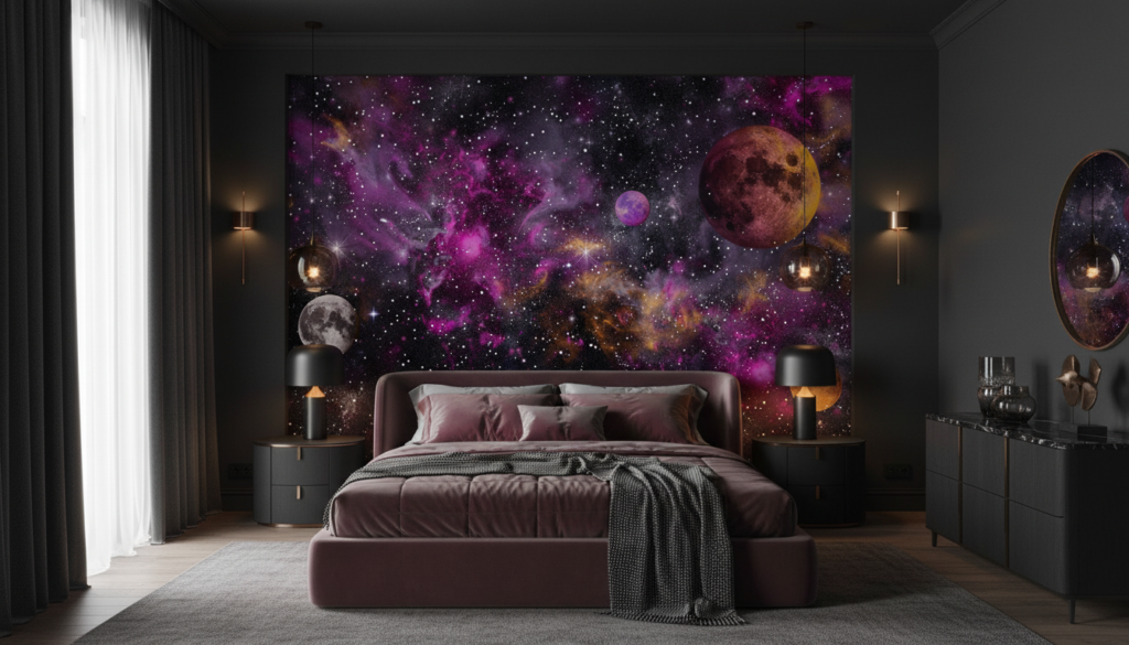 Papier peint galaxie cosmique avec planètes et nébuleuses violettes - Chambre adulte