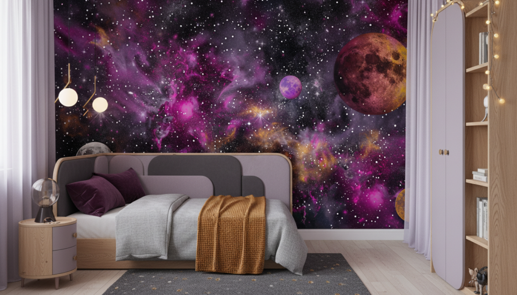 Papier peint galaxie cosmique avec planètes et nébuleuses violettes - Chambre enfant