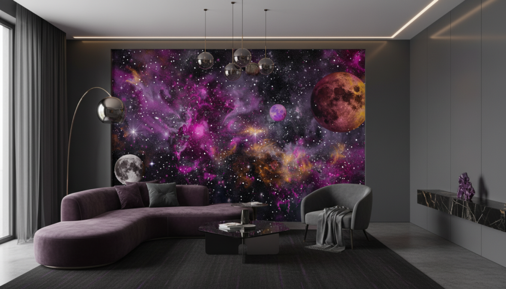 Papier peint galaxie cosmique avec planètes et nébuleuses violettes - Salon / Séjour