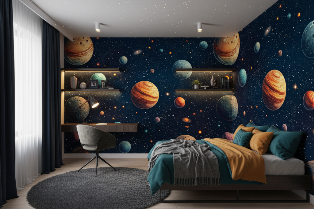Papier Peint Galaxie Planètes et Étoiles Cosmos Infini - Chambre ado