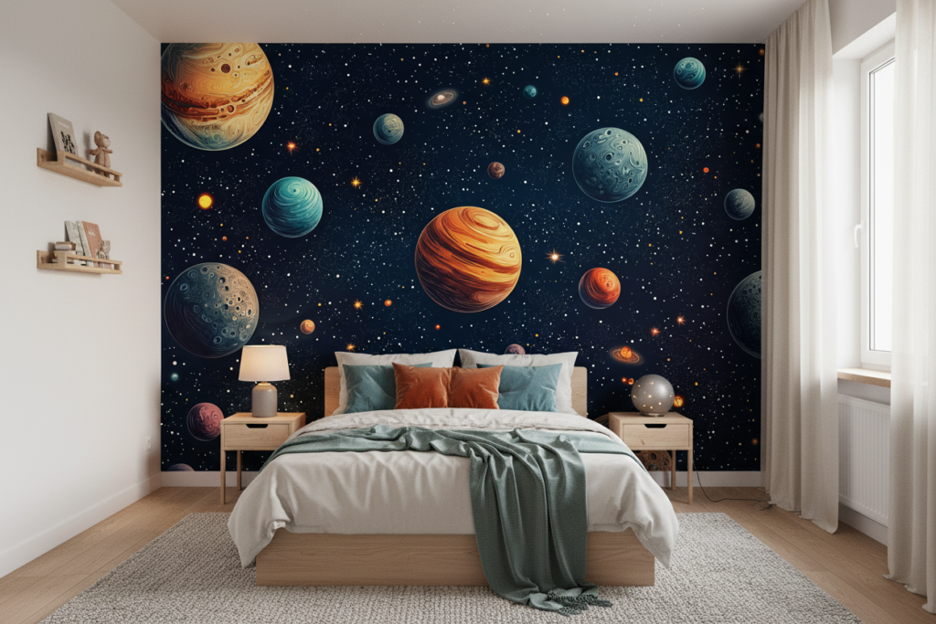 Papier Peint Galaxie Planètes et Étoiles Cosmos Infini - Chambre enfant