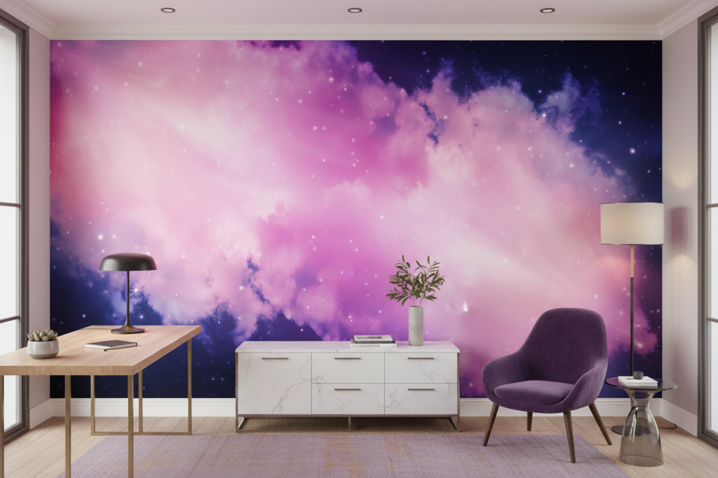 Papier Peint Galaxie Rose et Violet avec Nuages Cosmiques Étoilés - Bureau