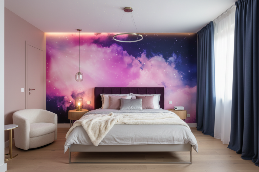 Papier Peint Galaxie Rose et Violet avec Nuages Cosmiques Étoilés - Chambre ado
