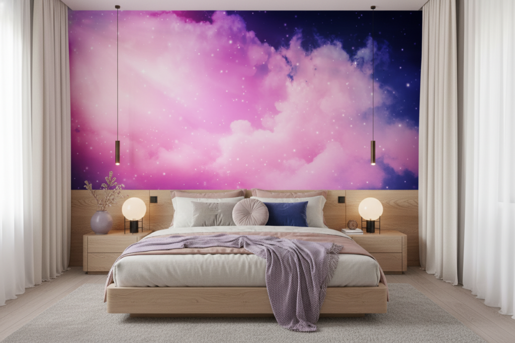 Papier Peint Galaxie Rose et Violet avec Nuages Cosmiques Étoilés - Chambre adulte
