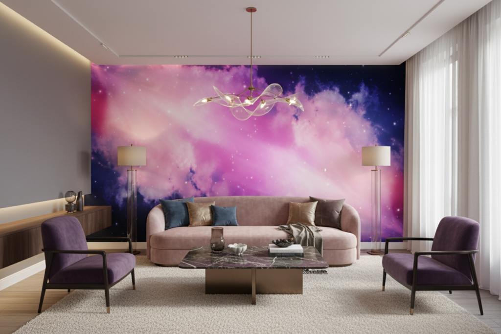 Papier Peint Galaxie Rose et Violet avec Nuages Cosmiques Étoilés - Salon / Séjour