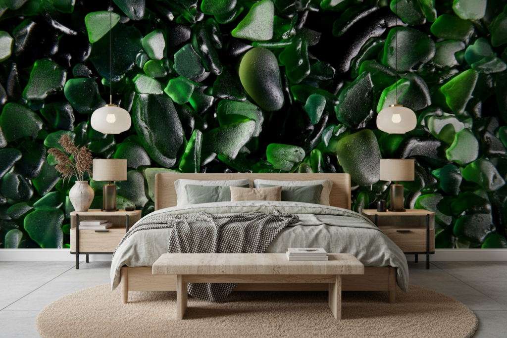 Papier Peint Galets de Verre Verts Effet Océan Naturel - Chambre adulte