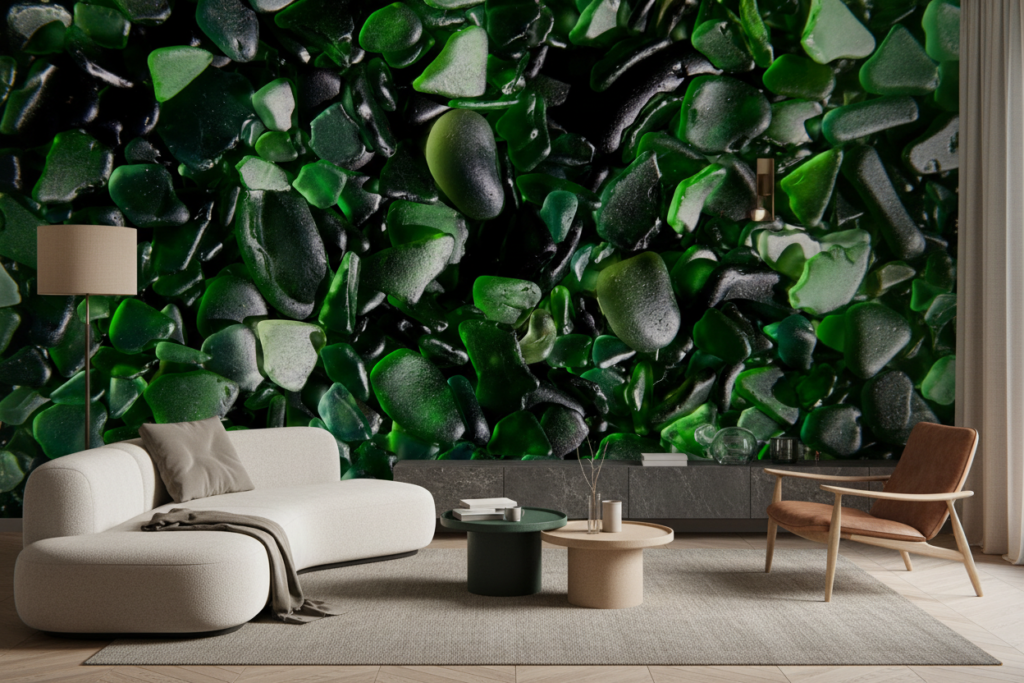 Papier Peint Galets de Verre Verts Effet Océan Naturel - Salon / Séjour