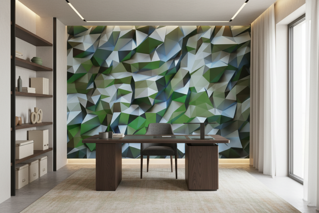 Papier Peint Géométrique 3D Facettes Cristallines Vertes et Bleues - Bureau