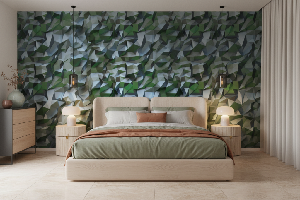 Papier Peint Géométrique 3D Facettes Cristallines Vertes et Bleues - Chambre adulte