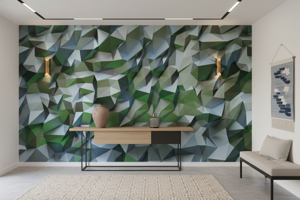 Papier Peint Géométrique 3D Facettes Cristallines Vertes et Bleues - Entrée
