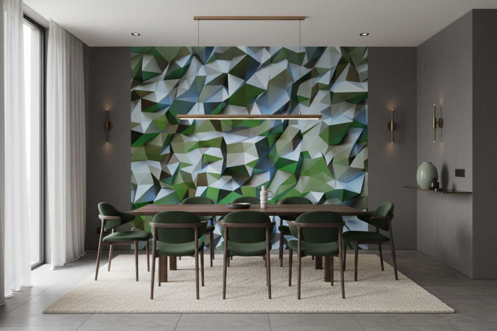 Papier Peint Géométrique 3D Facettes Cristallines Vertes et Bleues - Salle à manger