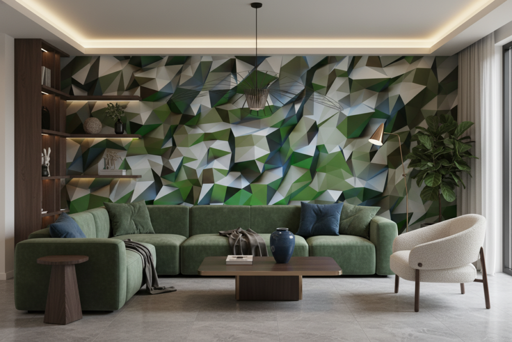 Papier Peint Géométrique 3D Facettes Cristallines Vertes et Bleues - Salon / Séjour