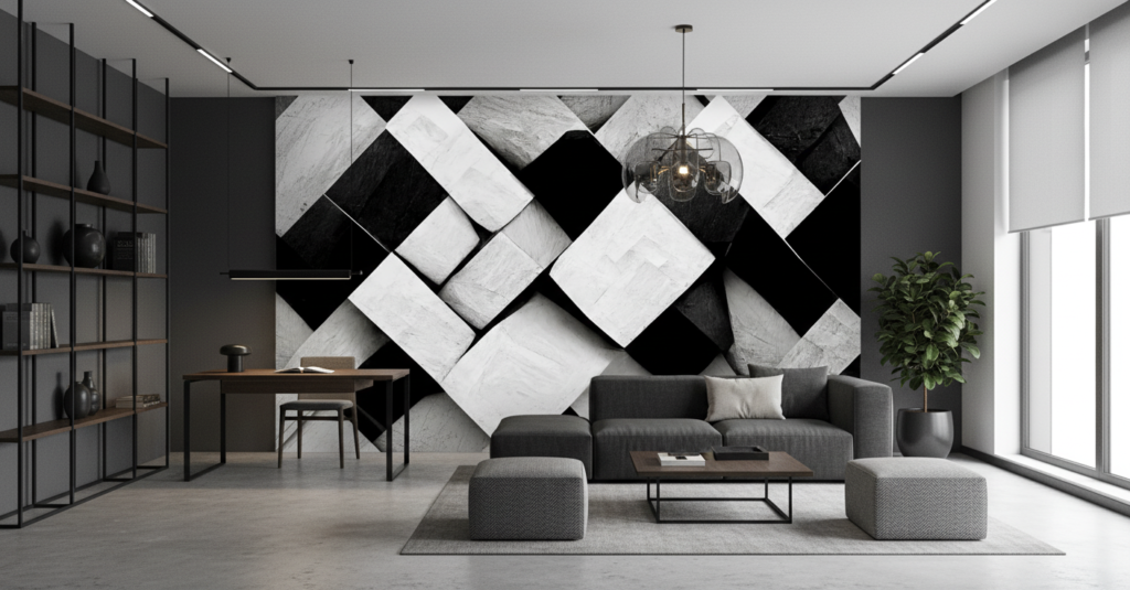 Papier Peint Géométrique Cubes 3D Noir et Blanc - Bureau