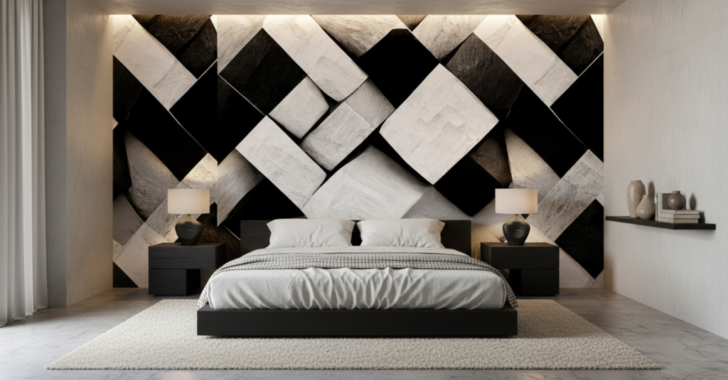 Papier Peint Géométrique Cubes 3D Noir et Blanc - Chambre adulte