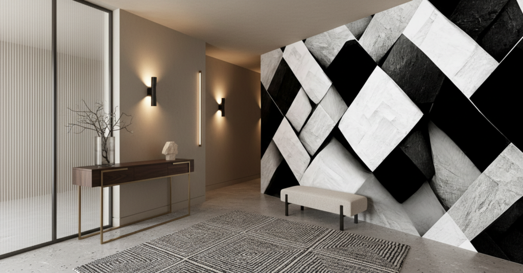 Papier Peint Géométrique Cubes 3D Noir et Blanc - Couloir