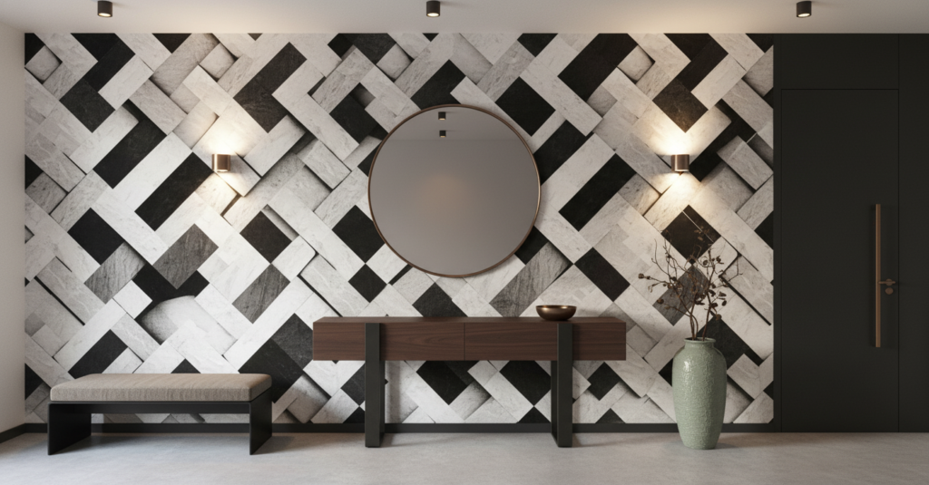 Papier Peint Géométrique Cubes 3D Noir et Blanc - Entrée