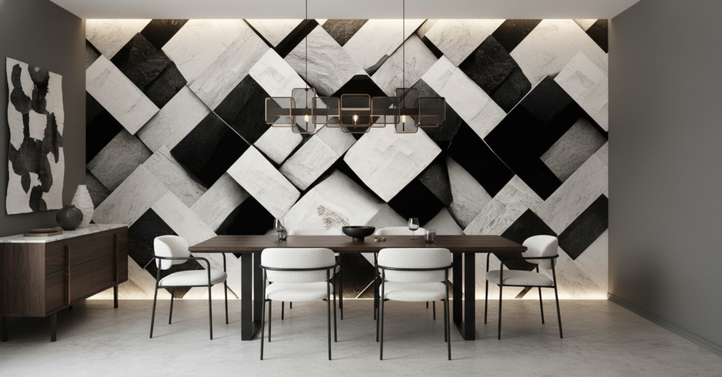 Papier Peint Géométrique Cubes 3D Noir et Blanc - Salle à manger