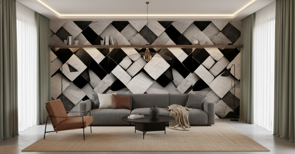 Papier Peint Géométrique Cubes 3D Noir et Blanc - Salon / Séjour