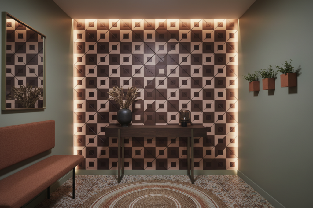 Papier peint géométrique effet parquet trompe-l'œil bois naturel moderne - Couloir