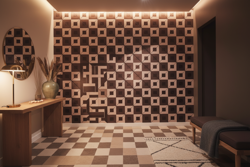 Papier peint géométrique effet parquet trompe-l'œil bois naturel moderne - Entrée