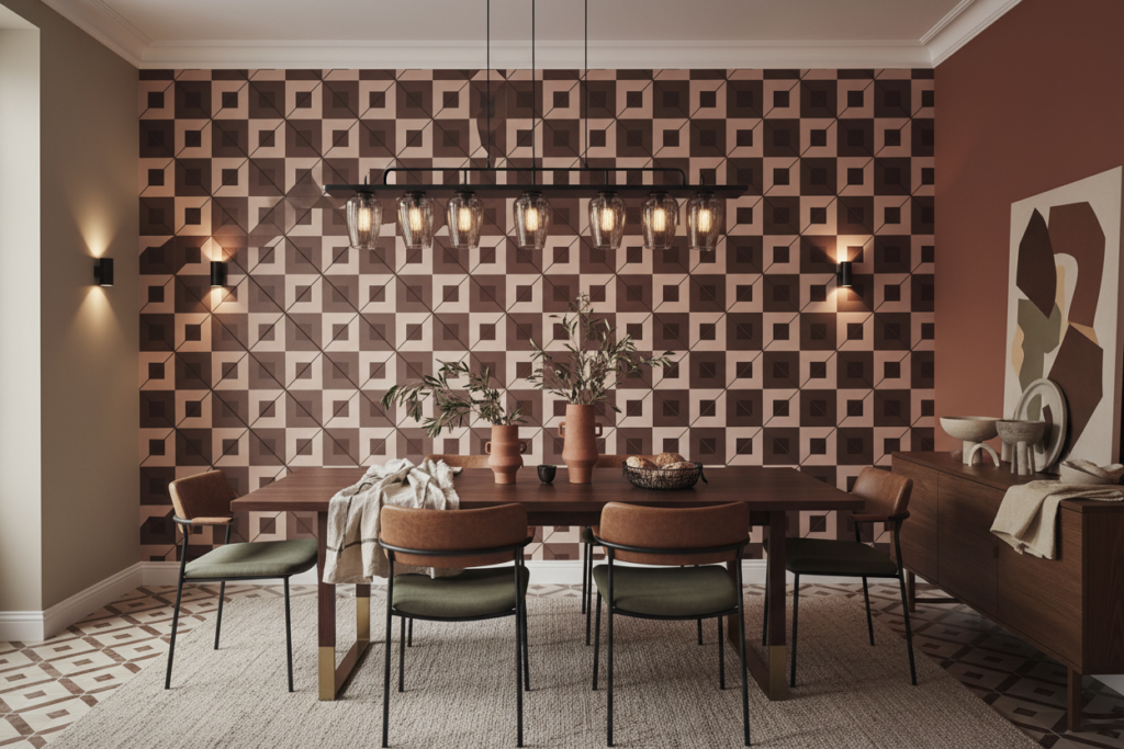 Papier peint géométrique effet parquet trompe-l'œil bois naturel moderne - Salle à manger