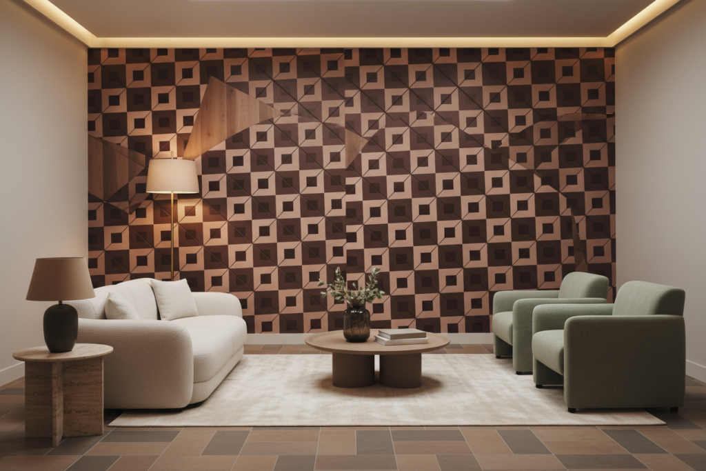 Papier peint géométrique effet parquet trompe-l'œil bois naturel moderne - Salon / Séjour