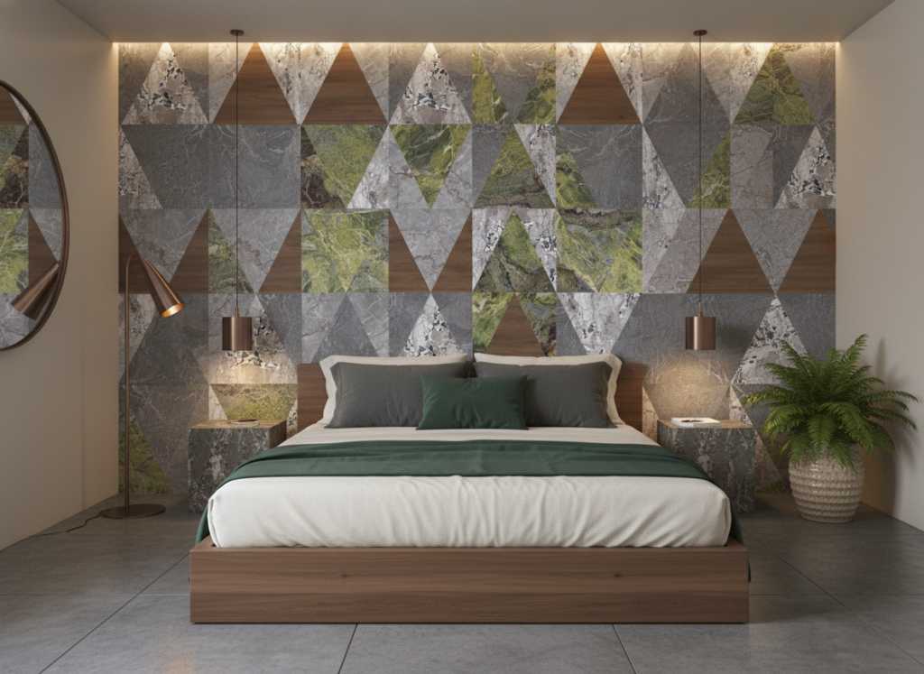 Papier Peint Géométrique Triangles Marbre Pierre Naturelle Bois - Chambre adulte