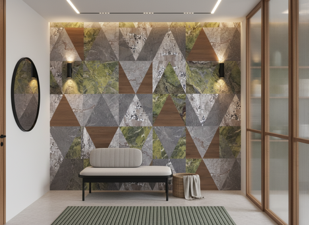 Papier Peint Géométrique Triangles Marbre Pierre Naturelle Bois - Couloir