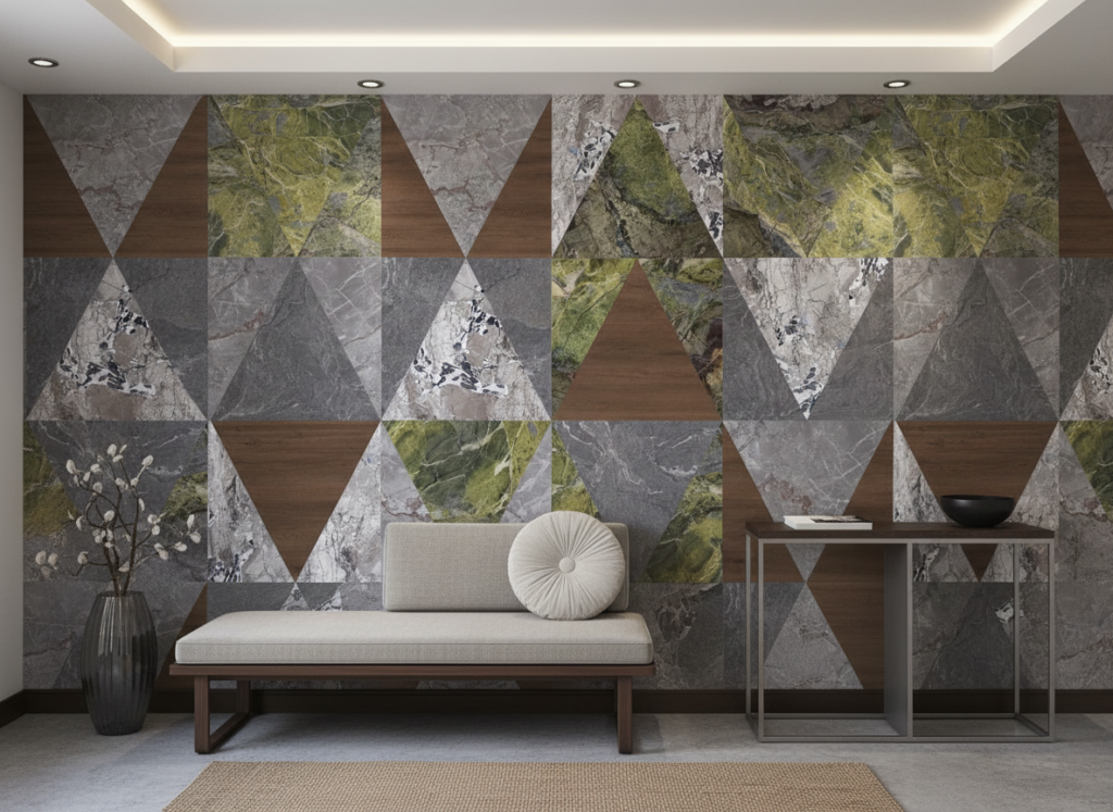 Papier Peint Géométrique Triangles Marbre Pierre Naturelle Bois - Entrée
