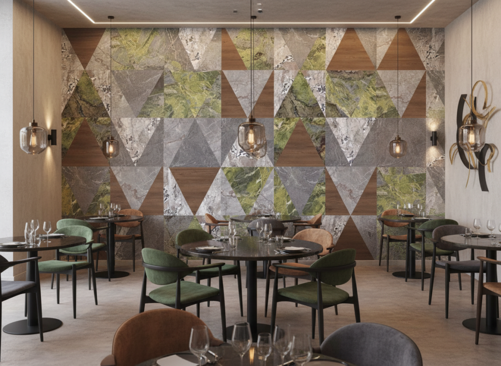 Papier Peint Géométrique Triangles Marbre Pierre Naturelle Bois - Restaurant