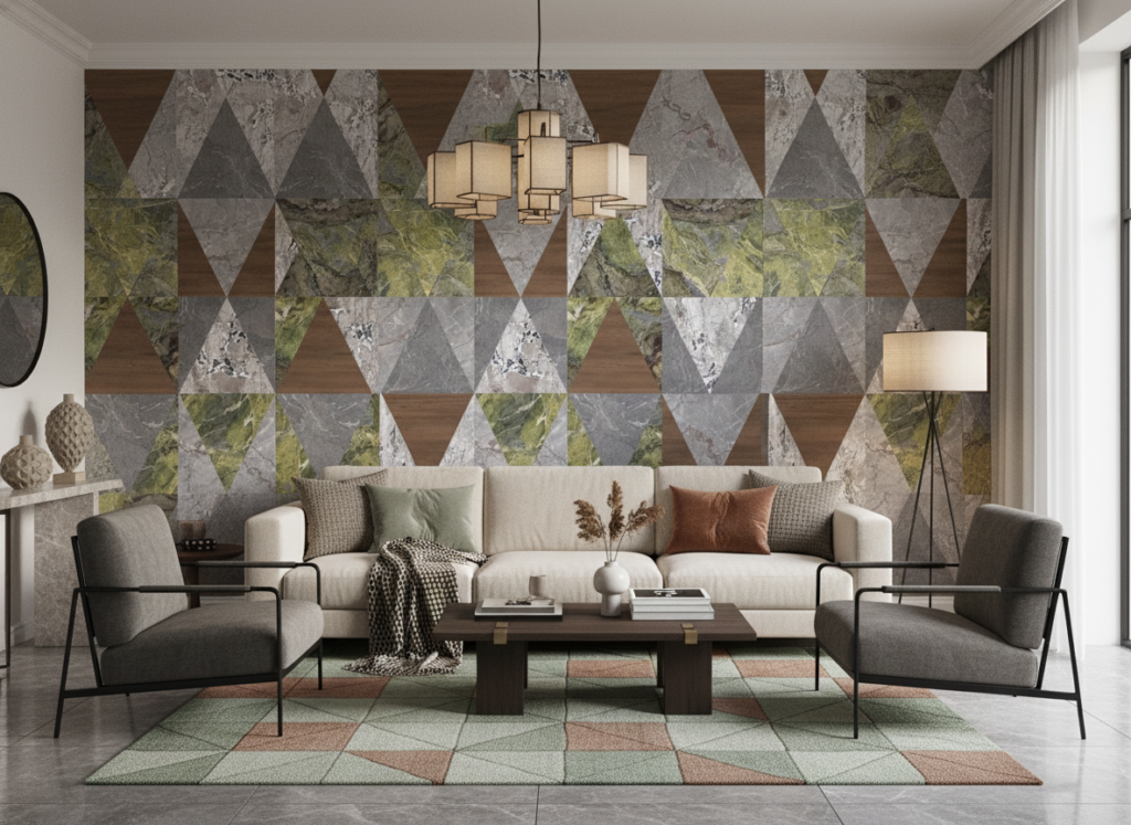 Papier Peint Géométrique Triangles Marbre Pierre Naturelle Bois - Salon / Séjour